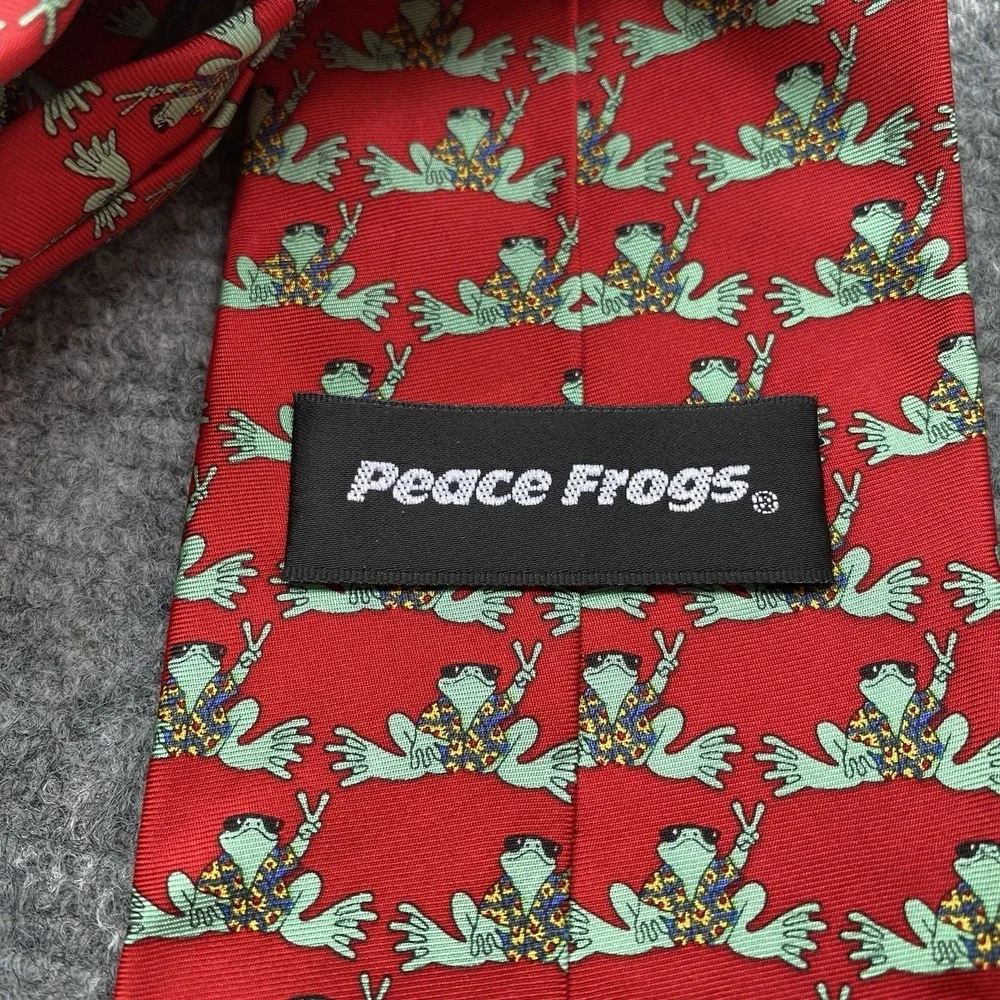 Peace Frogs Silk Necktie Red Green Whimsical Novelty Preppy Holiday
